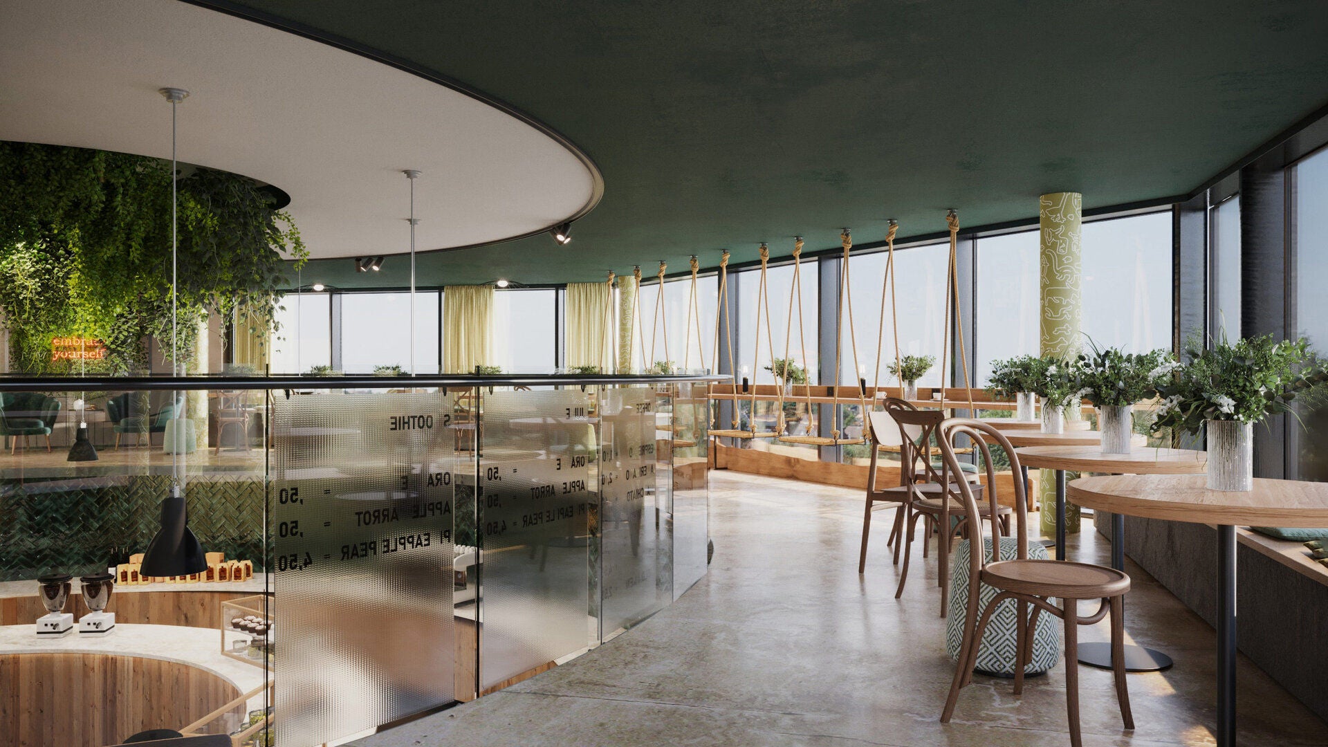 a room with a glass wall and chairs and a window