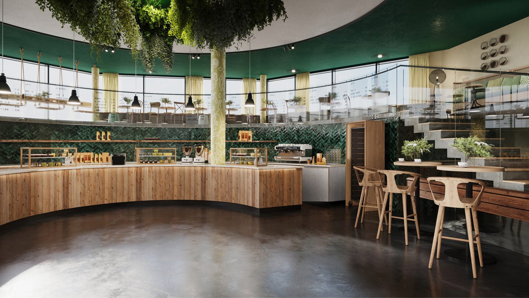 a restaurant with a green ceiling and a green tree