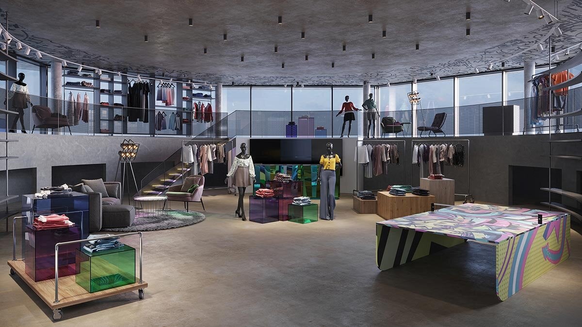 a room with mannequins and a display of clothes